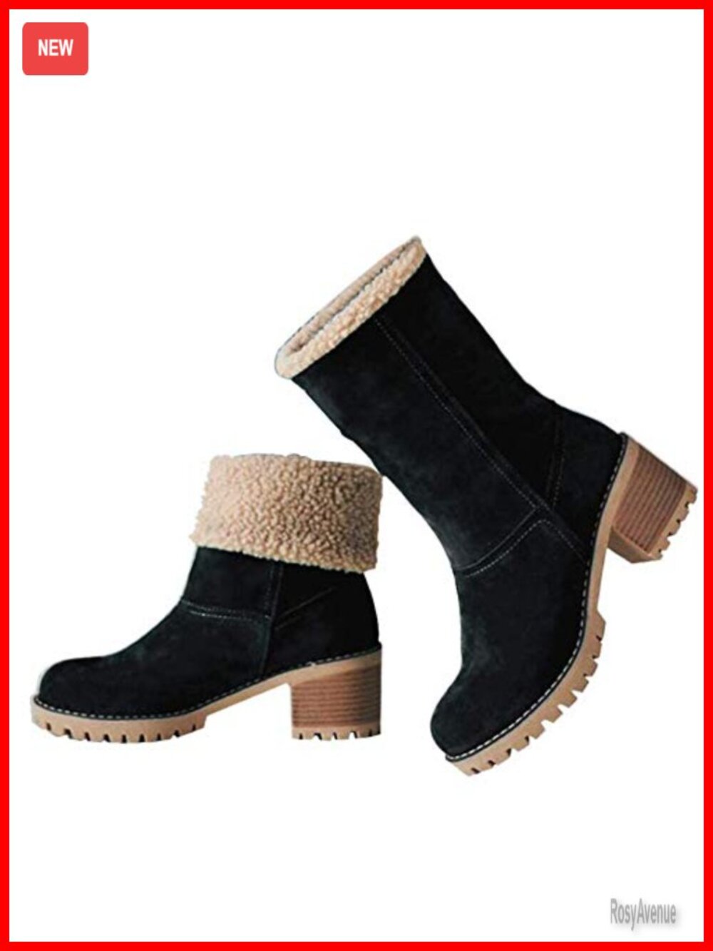 Mid Calf Winter Boots Faux Suede Faux Fur Lined Block Heel Snow Boots